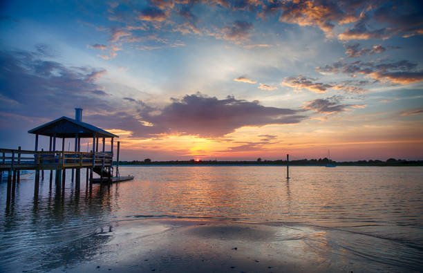 beautiful beach sunset over Banks Channel on the Intercoastal waterway from Wrightsville Beach, NC.